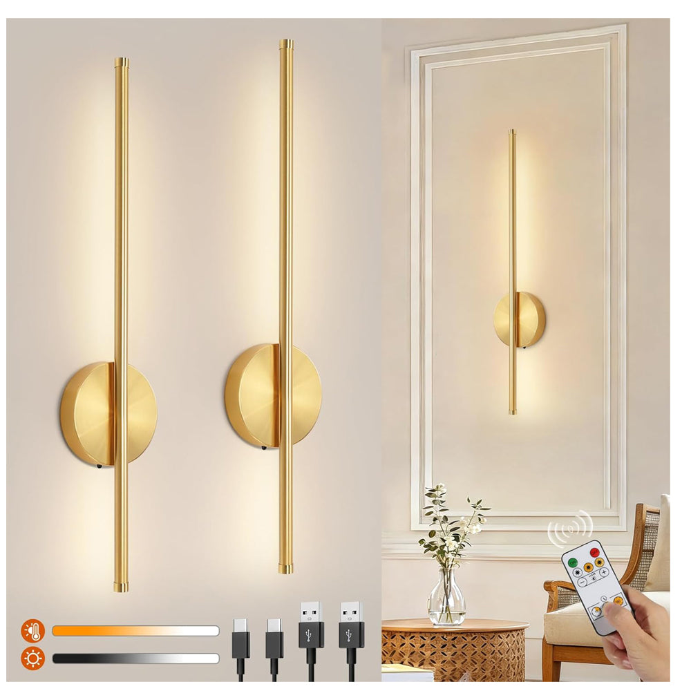 2 Pack USB Rechargeable Gold LED Wall Lights - Dimmable & Remote