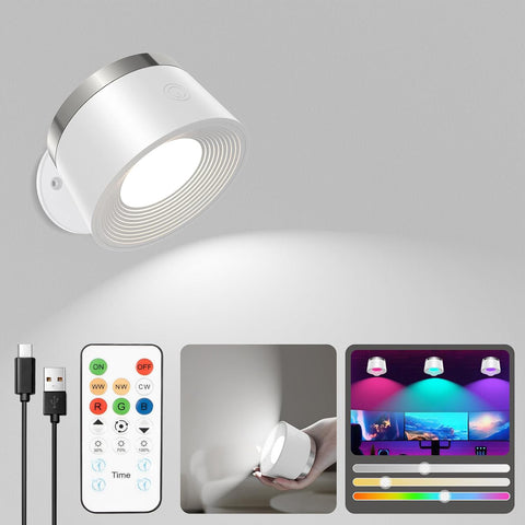 Battery Operated White Wall Lights, LED Rechargeable Wall Lights Indoor, 3500mAh Magnetic Wall Lamp with Remote, 3 Color Temperatures & 13 RGB & Dimmable 360° Free Rotation Sconces Wall Lighting