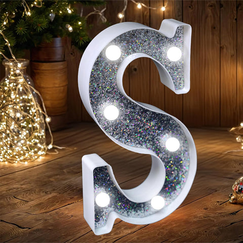 Letter S Style LED Marquee Lamp, Silver Glitter Light Up Letter Sign, Battery Powered Tabletop Decorative Marquee Light with On/Off Switch for Wedding, Birthday, Party and Home Decor