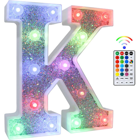 K Style Color Changing LED Letter Light, Glitter Marquee Lamp with 18 Colors, Remote Controlled, Battery Powered Decorative Letter Light for Party, Wedding, Birthday and Home Decor