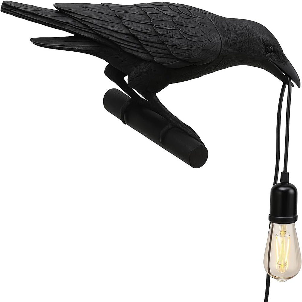 Black Birds Resin Crow Desk LED Lamp E27 Base Modern Raven Art Deco Bedside Decor Plug in Cord Wall Lamps for Bedroom, Office, College Dorm, Right Black Wall