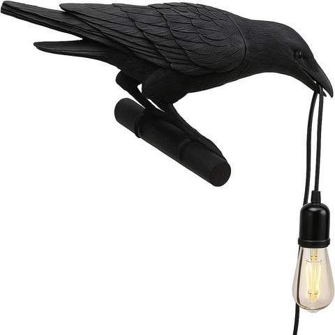 Black Birds Resin Crow Desk LED Lamp E27 Base Modern Raven Art Deco Bedside Decor Plug in Cord Wall Lamps for Bedroom, Office, College Dorm, Right Black Wall