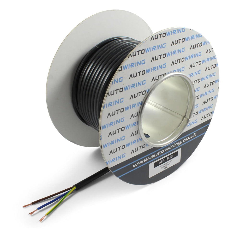 AUTOWIRING 3 Core Flex Black PVC Flexible Cable 1.0mm2 10 Amp 3183Y Wire Mains Round 240V (100M Roll)