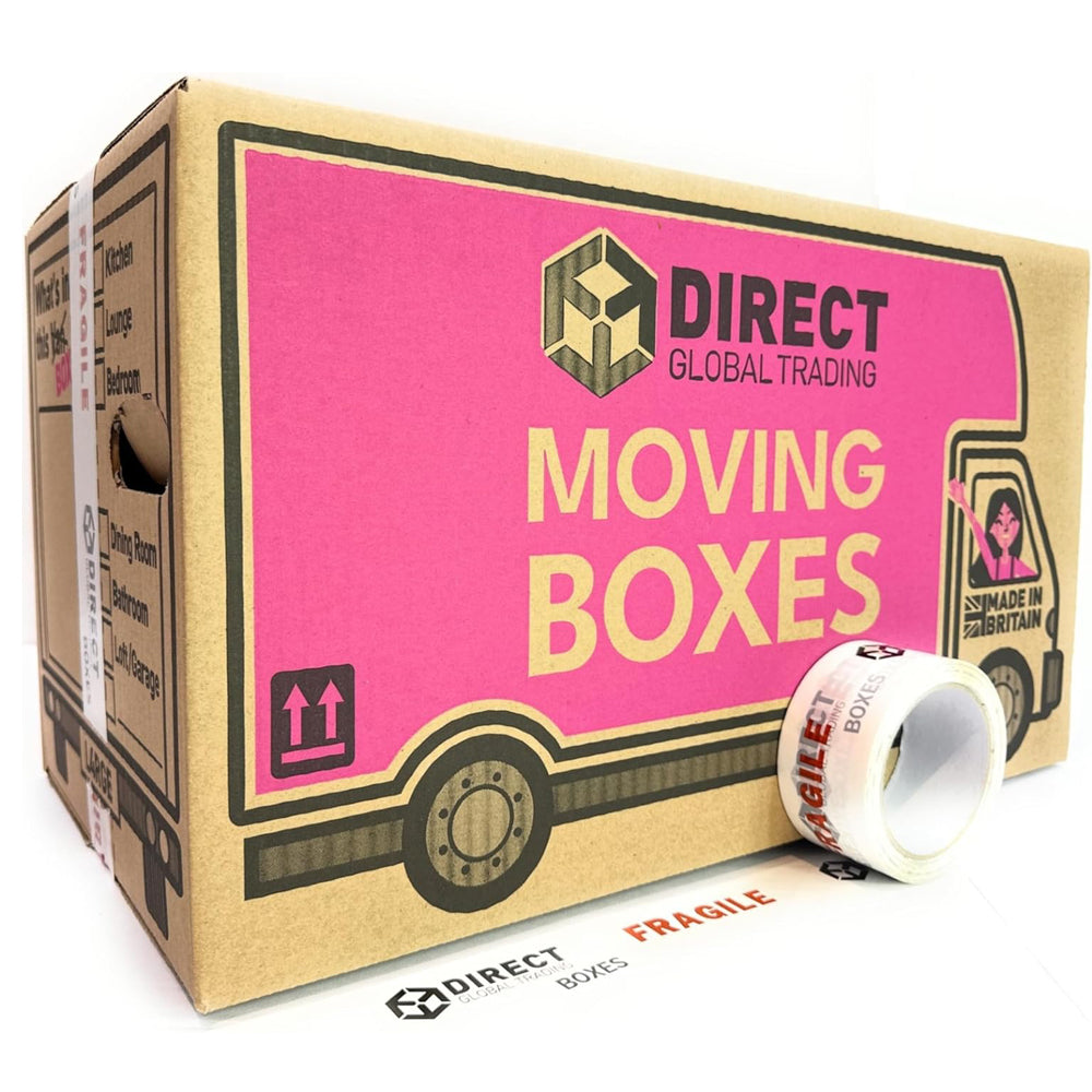 25 Strong Large Cardboard Storage Packing Moving House Boxes with Fragile Tape 52cm x 30cm x 30cm 47 Litres Carry Handles and Room List