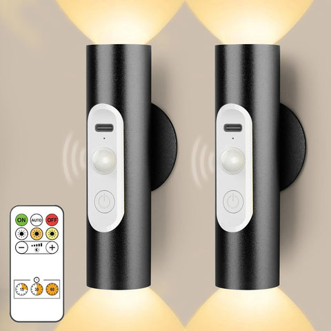 Magnetic Stick on Wall Lights Battery Operated, Wireless Wall Sconces Set of 2, Motion Sensor Night Light Indoor, USB Rechargeable Cordless with Remote Control, 3 Modes Dimmable, Black Aluminum