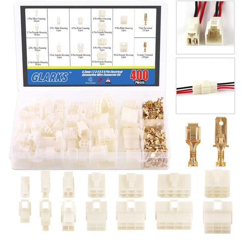 Glarks 400Pcs 6.3mm 1 2 3 4 6 8 9 Pin Electrical Automotive Wire Connector Male Female Socket Plug and Pin Header Crimp Wire Terminals Kit for Motorcycle, Bike, Car, Boats