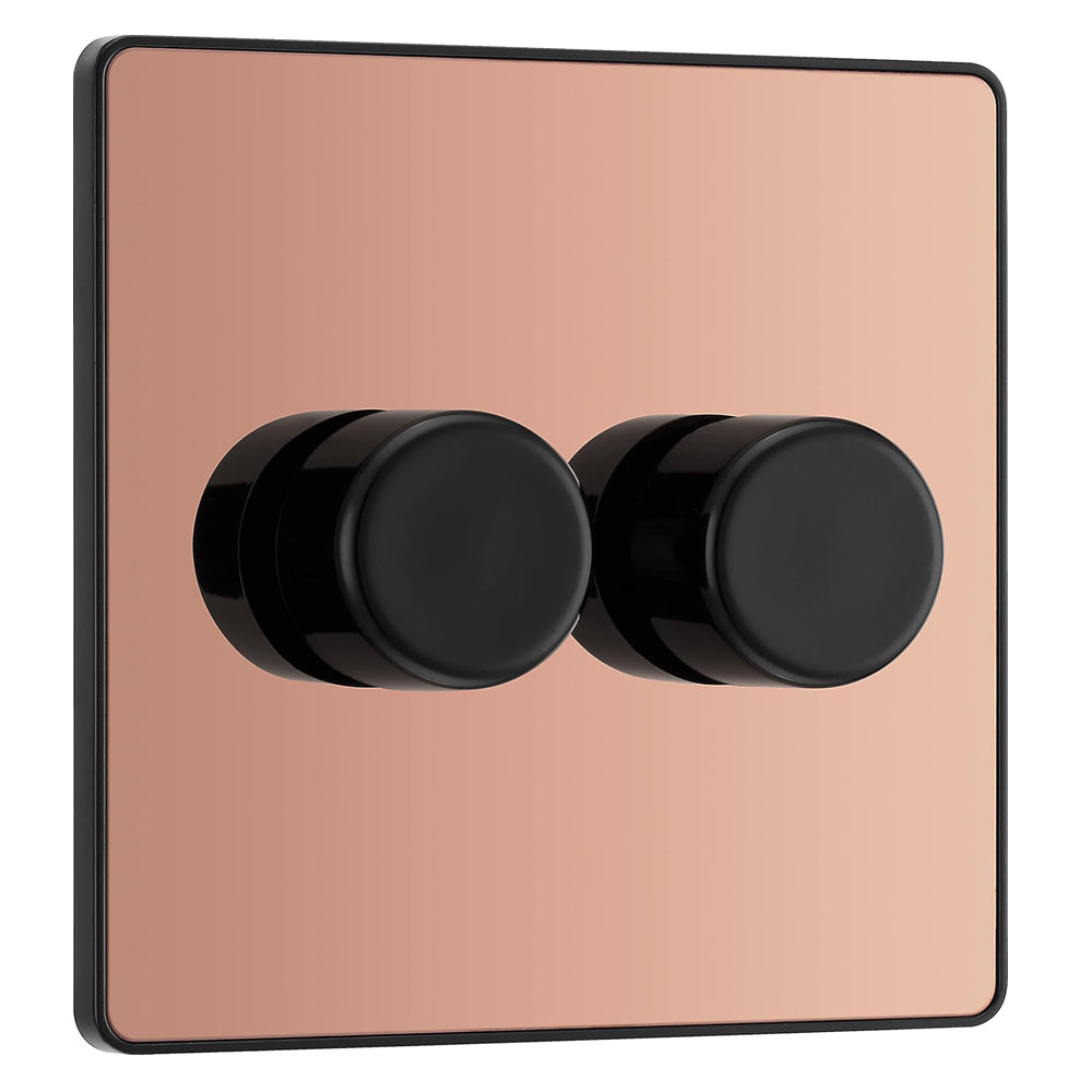 BG Electrical Intelligent Double Wall Dimmer Switch, 2 Way, Screwless Front Plate, Evolve, Polished Copper, 200W, PCDCP82B