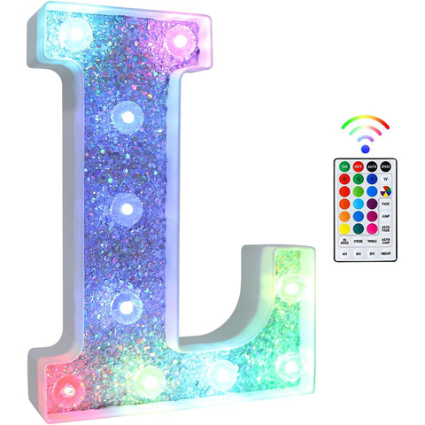 L Style Color Changing LED Letter Light, Glitter Marquee Lamp with 18 Colors, Remote Controlled, Battery Powered Decorative Letter Light for Party, Wedding, Birthday and Home Decor