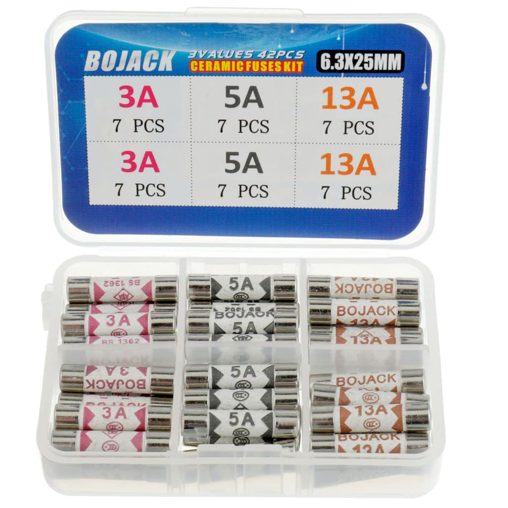 BOJACK 3 Values 42 pcs 3 5 13 A amp 240 V Volt Household Mains Plug Fuse 6.3x25 mm 0.25x1Inch BS1362 Ceramic Tube Cartridge Fuses Assortment Kit packag in a Clear Plastic Box