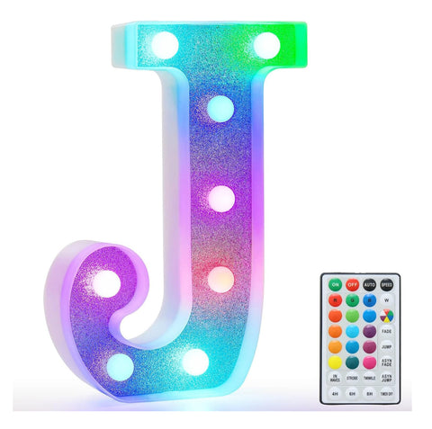 Colorful Light Up Letters, Glitter LED Letter Lights 18 Color Changing Shiny Alphabet Sign Gifts for Girls Women Party Birthday Decorations Remote Night Light Christmas Valentine Wall Table Decor - J