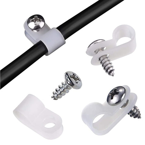 100pcs R Type Nylon Cable Clips,1/4inch cable management clips,Cable Tidy Clips,P Clips with Stainless Steel Screws,Cable Clips Outdoor for Home and Office (White)