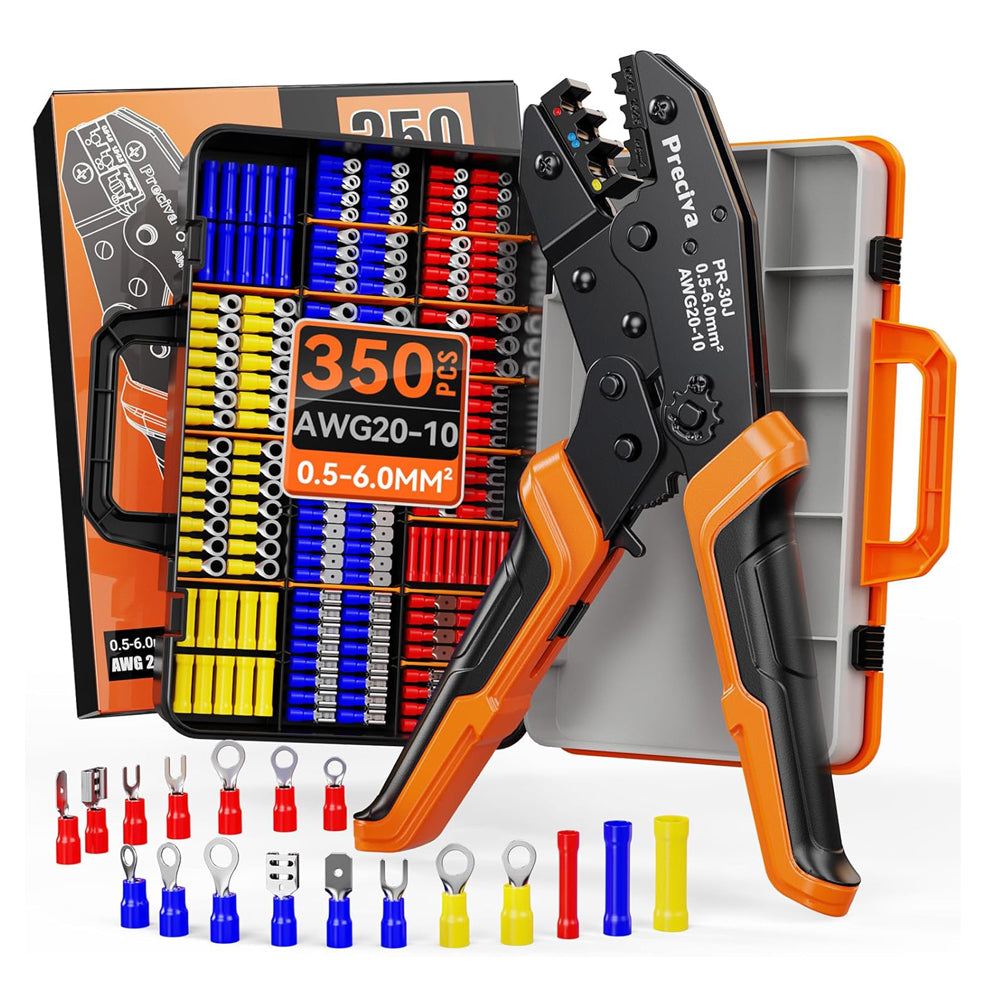 PRECIVA INSULATED CRIMPING TOOL SET WITH 350PCS CRIMP CONNECTORS & STORAGE CASE – RATCHET WIRE CRIMPING TOOL FOR 0.5-6MM² AWG20-10 ELECTRICAL TERMINALS