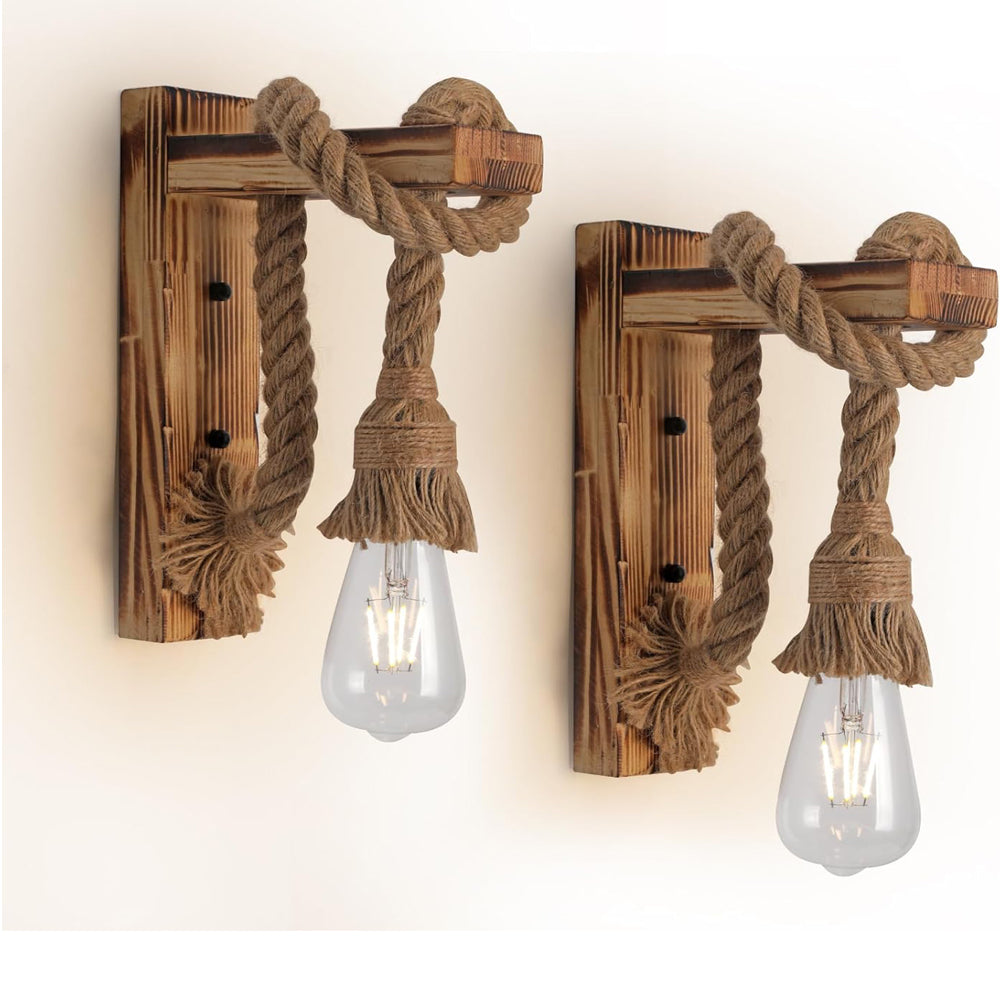Farmhouse Wood Wall Sconce Hemp Rope Set of 2