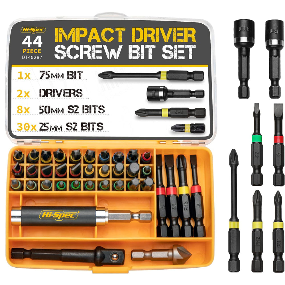 Hi-Spec 44Pc Impact Drill Driver Screw Bit Set S2 Steel Hex Torx PZ PH Nut Driver Kit – 1/4" Hex Shank Heavy Duty Screwdriver Bits In Compact Case