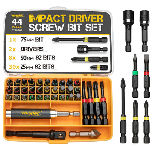 Hi-Spec 44Pc Impact Drill Driver Screw Bit Set S2 Steel Hex Torx PZ PH Nut Driver Kit – 1/4" Hex Shank Heavy Duty Screwdriver Bits In Compact Case