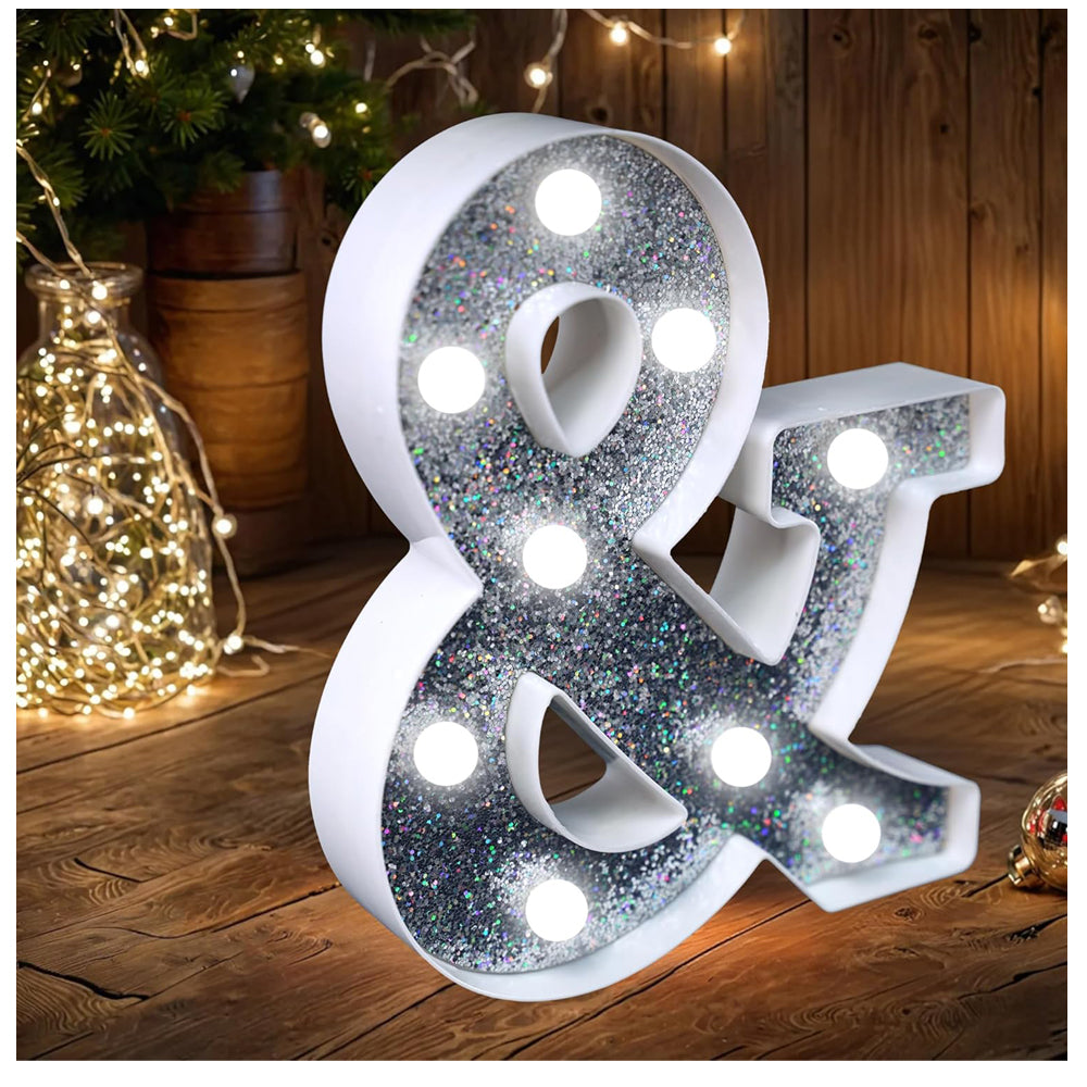 & Symbol Style LED Marquee Lamp, Silver Glitter Light Up Letter Sign, Battery Powered Tabletop Decorative Marquee Light with On/Off Switch for Wedding, Birthday, Party and Home Decor
