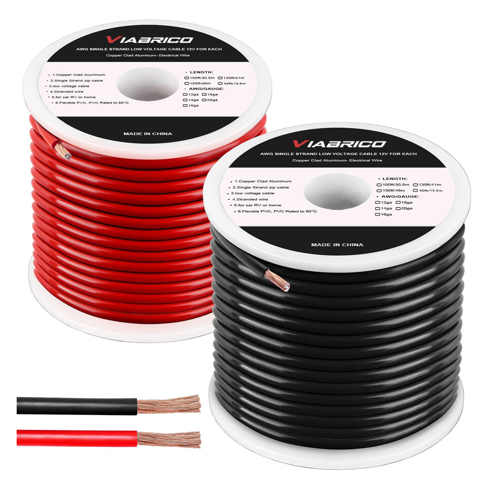 VIABRICO 14 Gauge Wire 200FT (2x100FT Spools) 14 AWG Copper Clad Aluminium Low Voltage Electrical Hookup Wire Kit – Red & Black Automotive DIY Battery Breadboard Cable