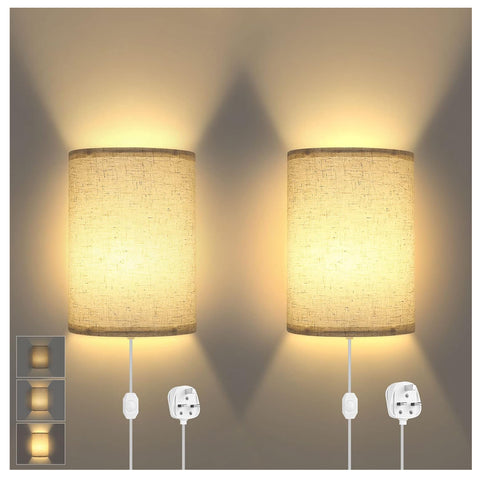 Plug In Dimmable Wall Lights with Switch Beige Fabric Shade