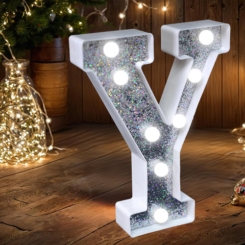 LED Marquee Letter Lights, Light Up Silver Glitter Letters Sign Battery Powered Night Light for Birthday Party Wedding Home Decoration Baby Shower-Y