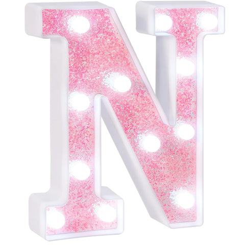N Style Pink Glitter LED Marquee Letter Light, Battery Powered Decorative Letter Lamp for Birthday, Party, Wedding and Home Decor