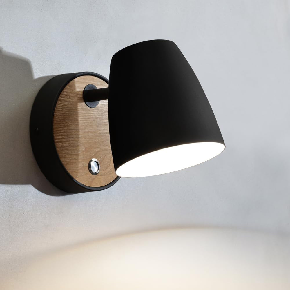 Black Wall Light for Bedroom,Wood Wall Lamp with Switch Industrial,Aluminum Shade 360°Rotatable,Modern Indoor Wall Lighting for Bedside,Living Room,Hallway,Stairs,Bathroom,Storeroom,Reading Lamp E27
