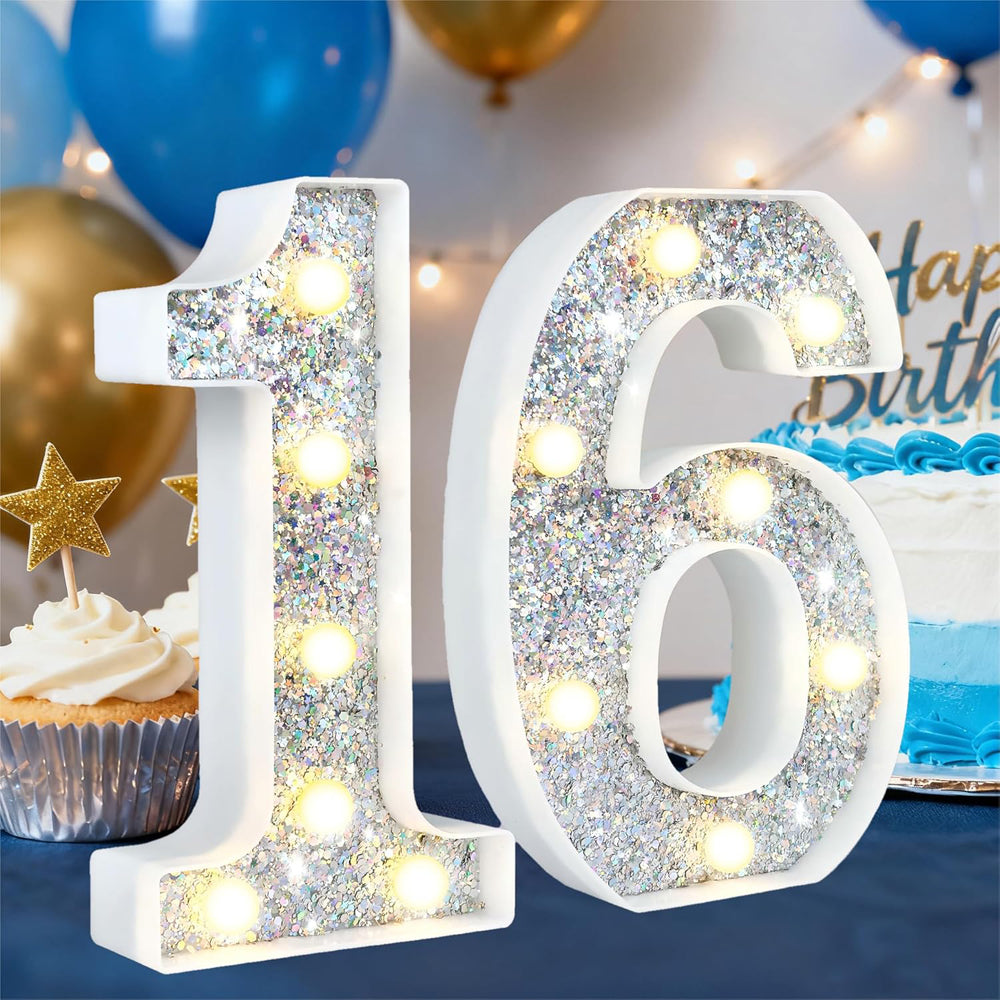 Silver Glitter LED Number Light – 8.86 Inch Marquee Number 16
