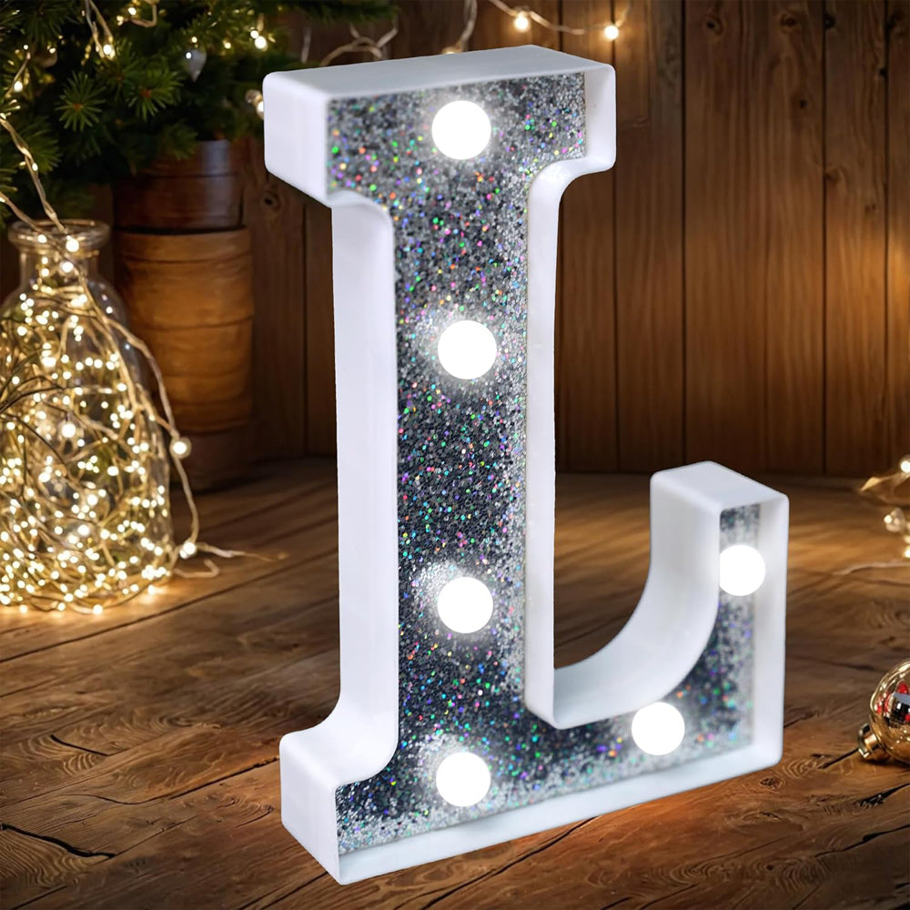 Letter L Style LED Marquee Lamp, Silver Glitter Light Up Letter Sign, Battery Powered Tabletop Decorative Marquee Light with On/Off Switch for Wedding, Birthday, Party and Home Decor