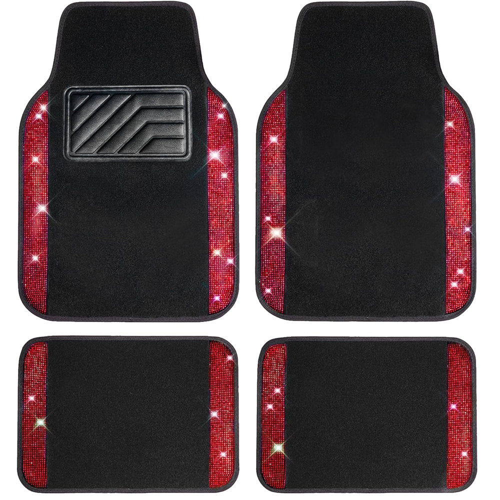 Bling Diamond Car Mats – Sparkly Rhinestone Glitter Floor Mats (Black Red)