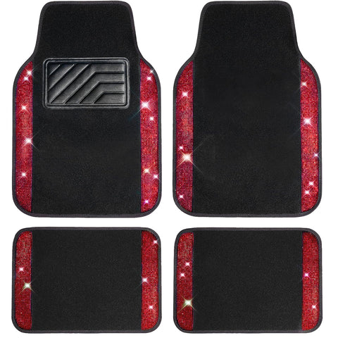 Bling Diamond Car Mats – Sparkly Rhinestone Glitter Floor Mats (Black Red)