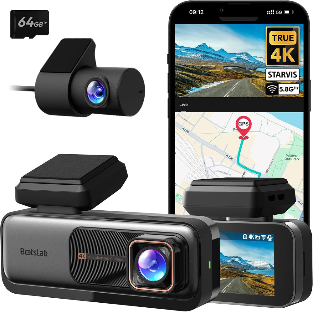 BOTSLAB 4K Front and 2K Rear Dash Cam with GPS, WiFi & ADAS