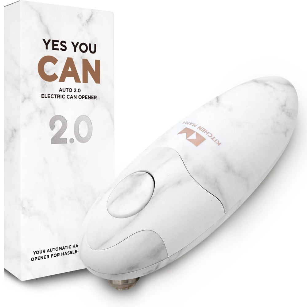 Kitchen Mama Auto 2.0 Electric Can Opener – Hands-Free, Smooth Edge, Battery Operated, Food-Safe Blade, One-Touch Use – Marble White