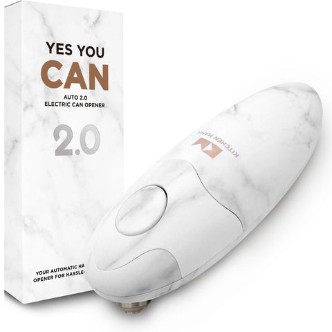 Kitchen Mama Auto 2.0 Electric Can Opener – Hands-Free, Smooth Edge, Battery Operated, Food-Safe Blade, One-Touch Use – Marble White