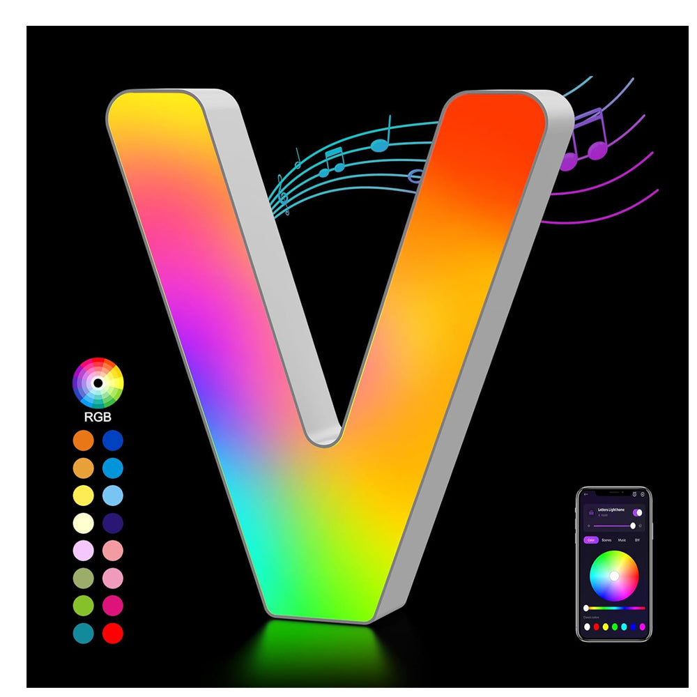 Light Up Letters USB Powered, LED Letter Lights Color Changing Alphabet Sign Gifts for Girls Women Party Birthday Decorations, APP Control, Night Light Christmas Valentine Wall Table Decor - V