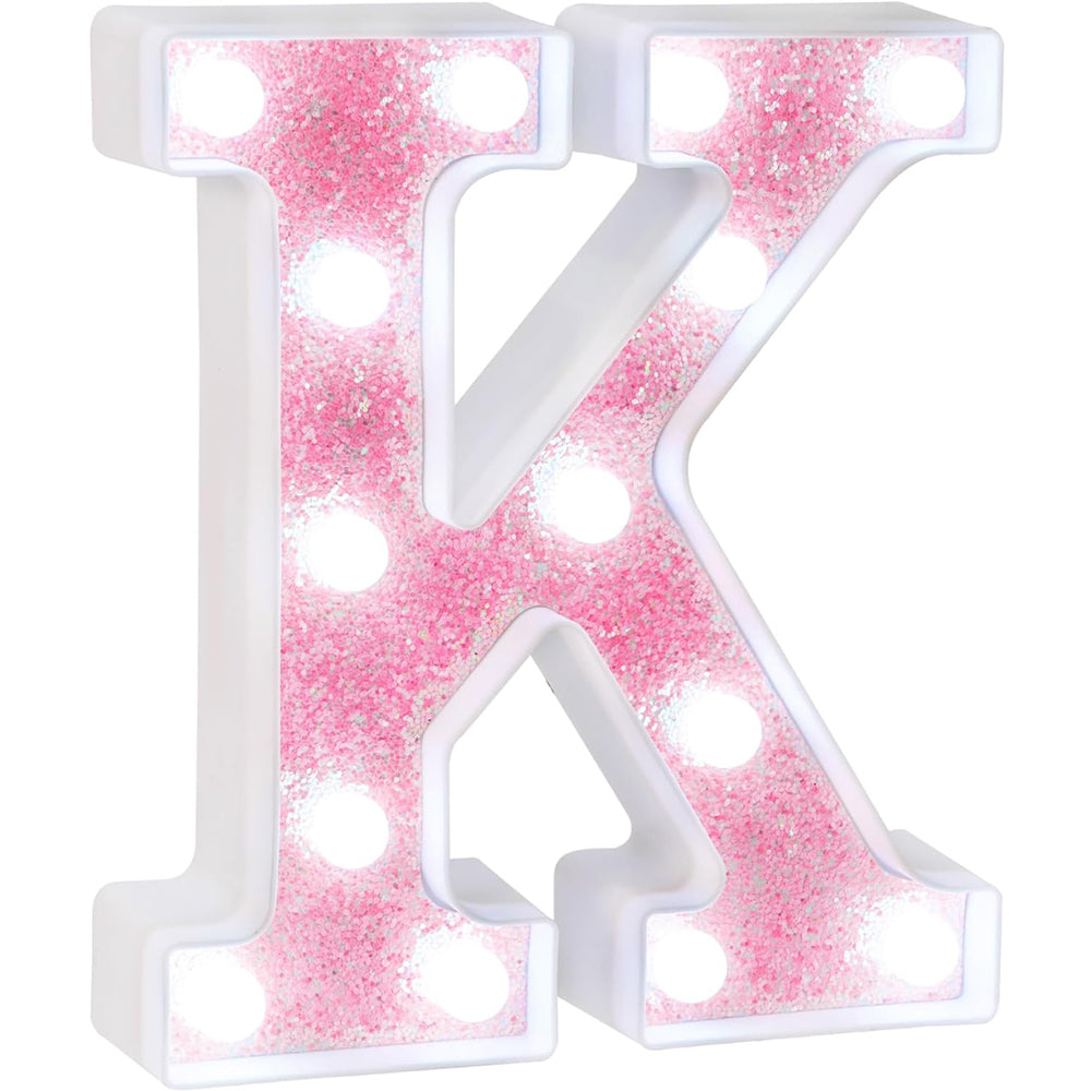 Pink Glitter LED Marquee Letter K - Cool White Lights