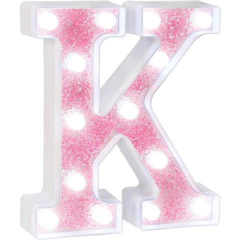 Pink Glitter LED Marquee Letter K - Cool White Lights