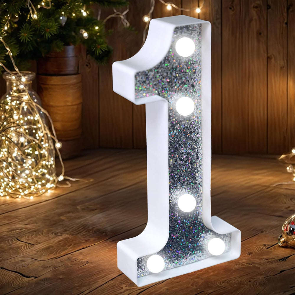 Number 1 Style LED Marquee Lamp, Silver Glitter Light Up Letter Sign, Battery Powered Tabletop Decorative Marquee Light with On/Off Switch for Wedding, Birthday, Party and Home Decor