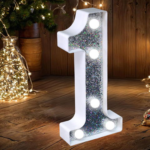 Number 1 Style LED Marquee Lamp, Silver Glitter Light Up Letter Sign, Battery Powered Tabletop Decorative Marquee Light with On/Off Switch for Wedding, Birthday, Party and Home Decor