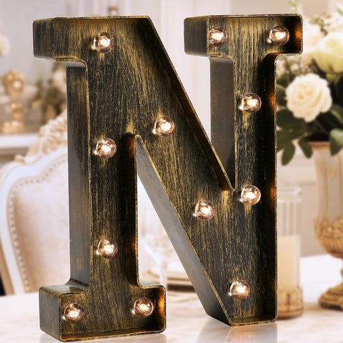 Golden Black LED Marquee Letter N – Vintage Industrial Style Light Sign