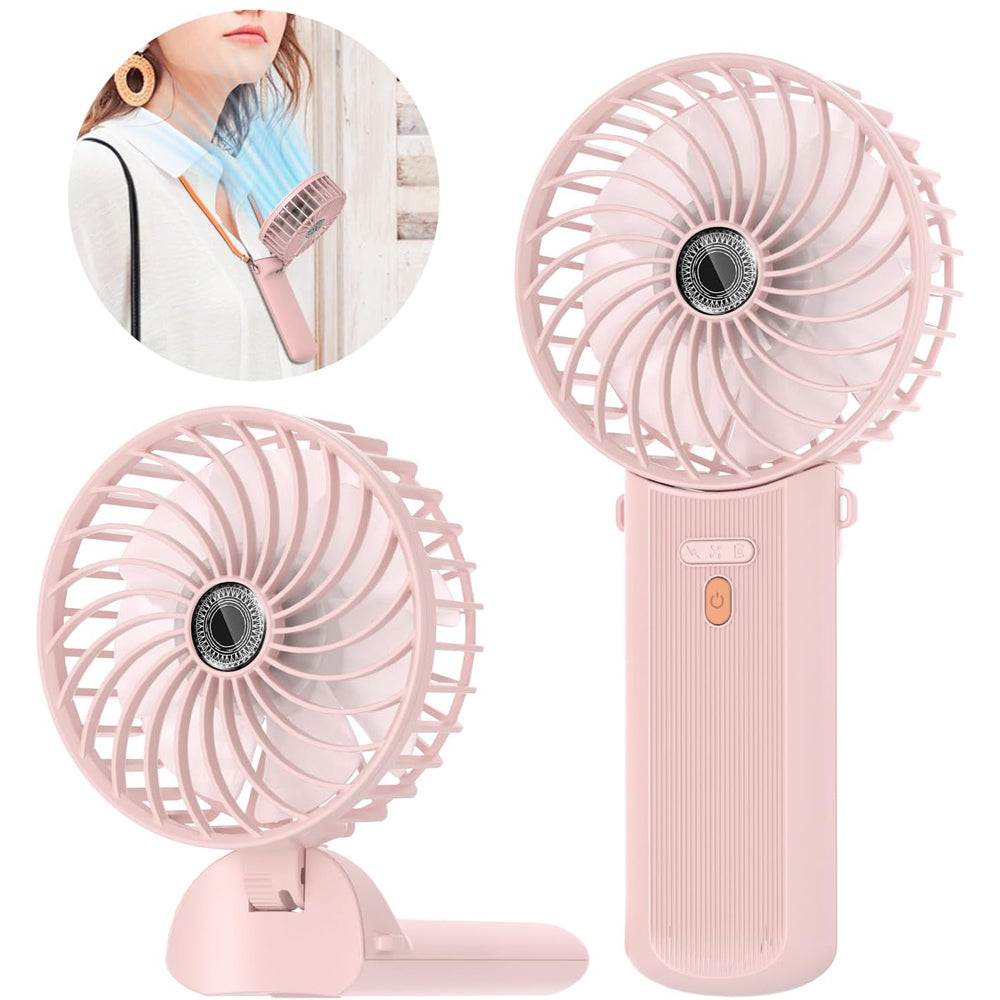 Portable Mini Handheld Fan - Rechargeable Neck Hanging Fans with 16-Hour Cooling, Personal Handy Fan 4-Speeds Foldable Pocket Fan for Summer Outdoor Travel Home Office - Pink