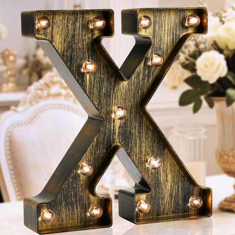 Golden Black LED Marquee Letter – Industrial Vintage Style Light Up Letter – X