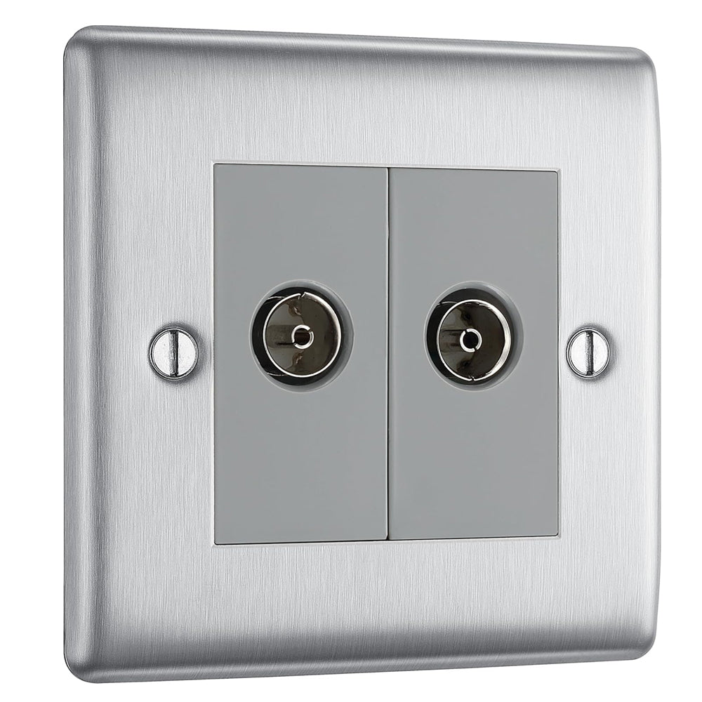 Double Co-Axial TV and Radio Socket – Brushed Steel