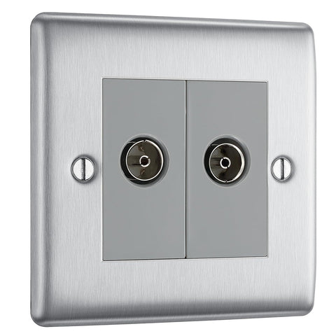 Double Co-Axial TV and Radio Socket – Brushed Steel