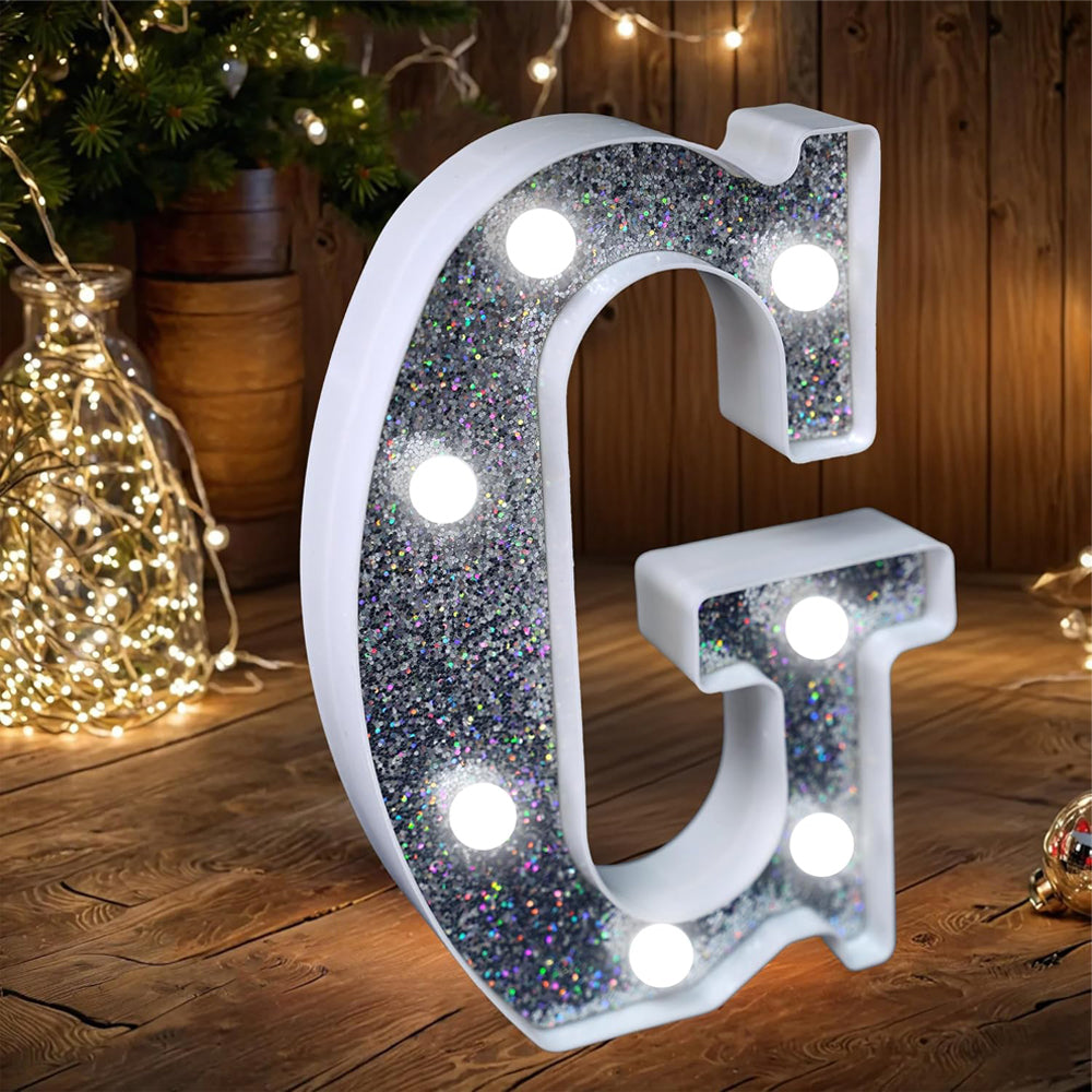 Letter G Style LED Marquee Lamp, Silver Glitter Light Up Letter Sign, Battery Powered Tabletop Decorative Marquee Light with On/Off Switch for Wedding, Birthday, Party and Home Decor
