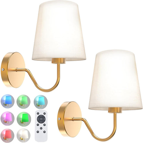 Battery Operated Wall Lights Set of 2, RGB Dimmable Rechargeable Wall Lights Indoor Wireless Wall Sconces Set of 2 for Bedrooms Cordless Sconce Wall Lamp Remote Control