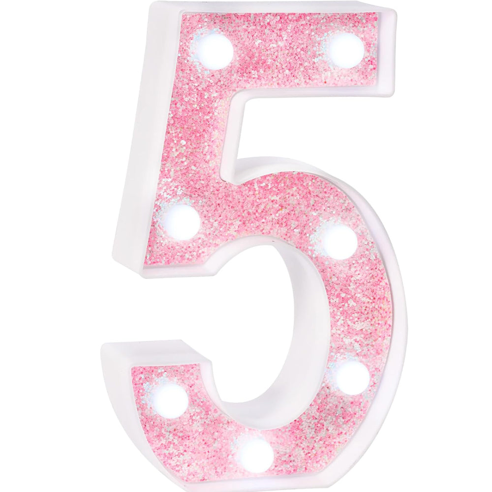 Pink Glitter Marquee Light Up Numbers, LED Number Lights Battery Operated for Girls 5th 15th Pink Birthday Party Table Decorations, Wall Decor for Girls Bedroom, Number 5 Sign Cool White Lights