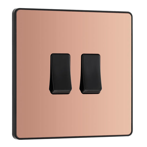 BG Electrical Double Wall Light Switch, 2 Way, Screwless Front Plate, Round Edges, Evolve, Polished Copper, 20A, 16AX, PCDCP42B