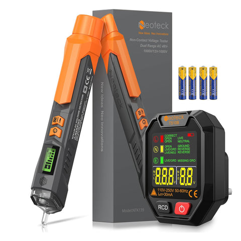 NEOTECK SOCKET TESTER WITH LCD DISPLAY & NON-CONTACT VOLTAGE TESTER PEN ORANGE 12-1000V AC DETECTOR KIT
