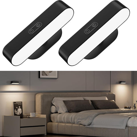Black Wall Lights, Rechargeable Battery Operated Wall Sconces for Bedroom, LED Wireless USB Wall Lamps Indoor for Bedside, 5 Modes Stick on Magnetic Wall Light for Picture, 2 Pack