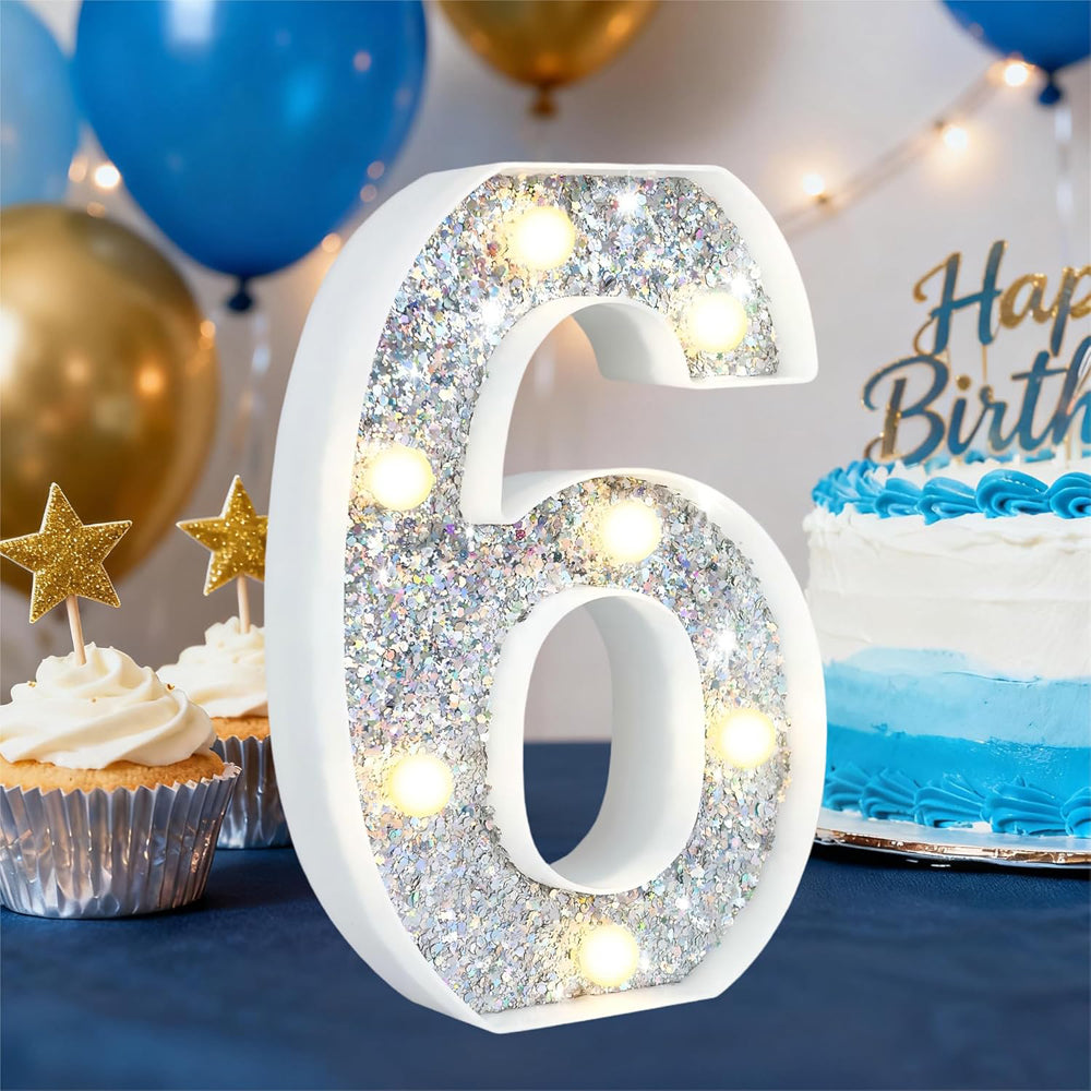 Silver Glitter LED Number Light – 8.86 Inch Marquee Number 6