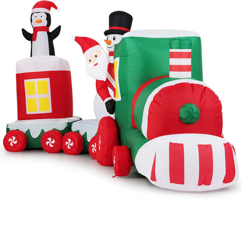 COSTWAY Inflatable Christmas Santa Claus on Red & Green Train – Built-in LED Lights, Self-Inflating Blow Up Xmas Decoration for Indoor Outdoor